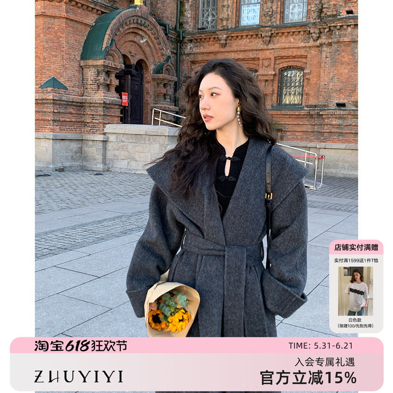 ZHUYIYI 灰黑色双面呢羊绒大衣女中长款气质宽松大翻领羊驼毛外套