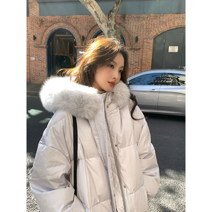 ZHUYIYI 蓝灰色羽绒服女冬季新款季狐狸大毛领连帽长款加厚外套