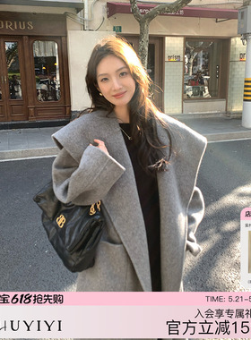 灰色大翻领收腰长款双面羊绒大衣女冬2025新款加厚高端毛呢外套