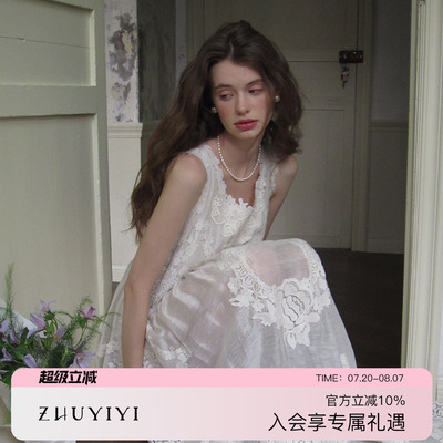 重工蕾丝刺绣真丝亚麻显瘦连衣裙