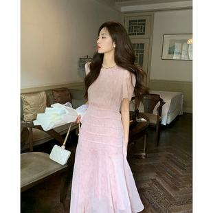 温柔气质收腰显瘦修身 法式 雪纺长裙子 粉色连衣裙女夏新款 ZHUYIYI