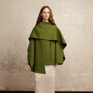 ZHUYIYI 新款草绿色披肩围巾双面昵羊绒大衣女秋冬短款高级感