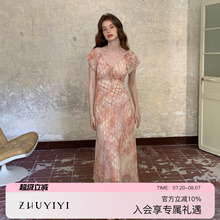 ZHUYIYI 新款薄纱短袖连衣裙女夏收腰显瘦长裙修身简约设计感