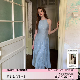 ZHUYIYI 蓝色法式碎花挂脖背心式细吊带连衣裙女夏收腰显瘦原创