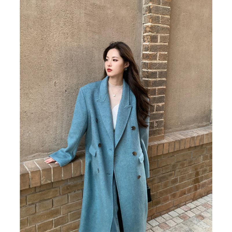 ZHUYIYI蓝色斜纹双面羊绒长款大衣女秋冬季高级感西装领毛呢外套