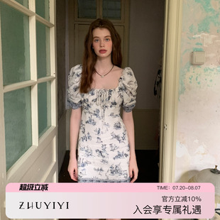 青花瓷 法式 ZHUYIYI 新款 显瘦 印花方领短袖 连衣裙女夏收腰短款