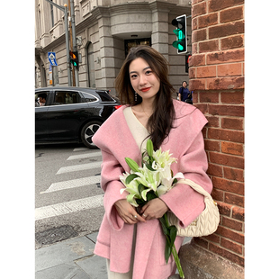 ZHUYIYI 粉色双面呢羊绒手工大衣女短款小个子宽松翻领毛呢外套冬