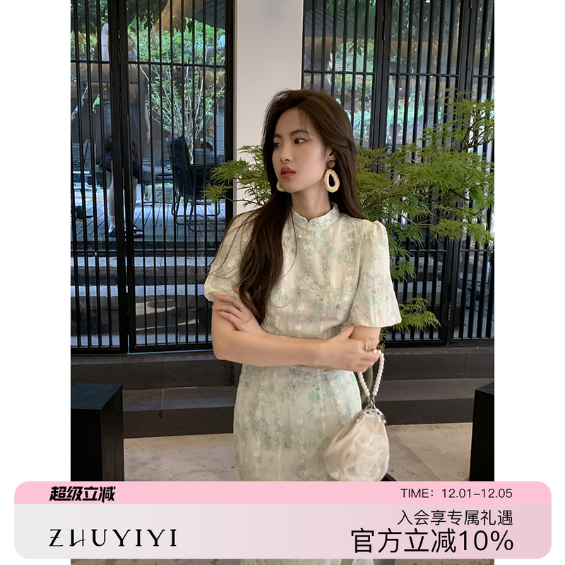 新中式国风改良旗袍绿色连衣裙