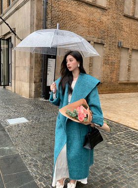 ZHUYIYI 孔雀蓝色蚕丝兔绒羊毛双面羊绒大衣女长款气质毛呢外套