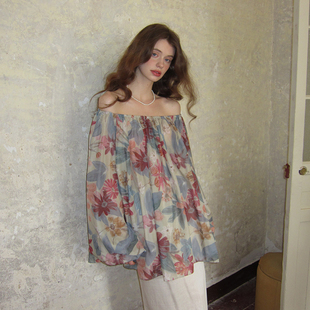 女新款 两穿一字露肩宽松印花上衣雪纺衫 原创 莫奈油画 ZHUYIYI