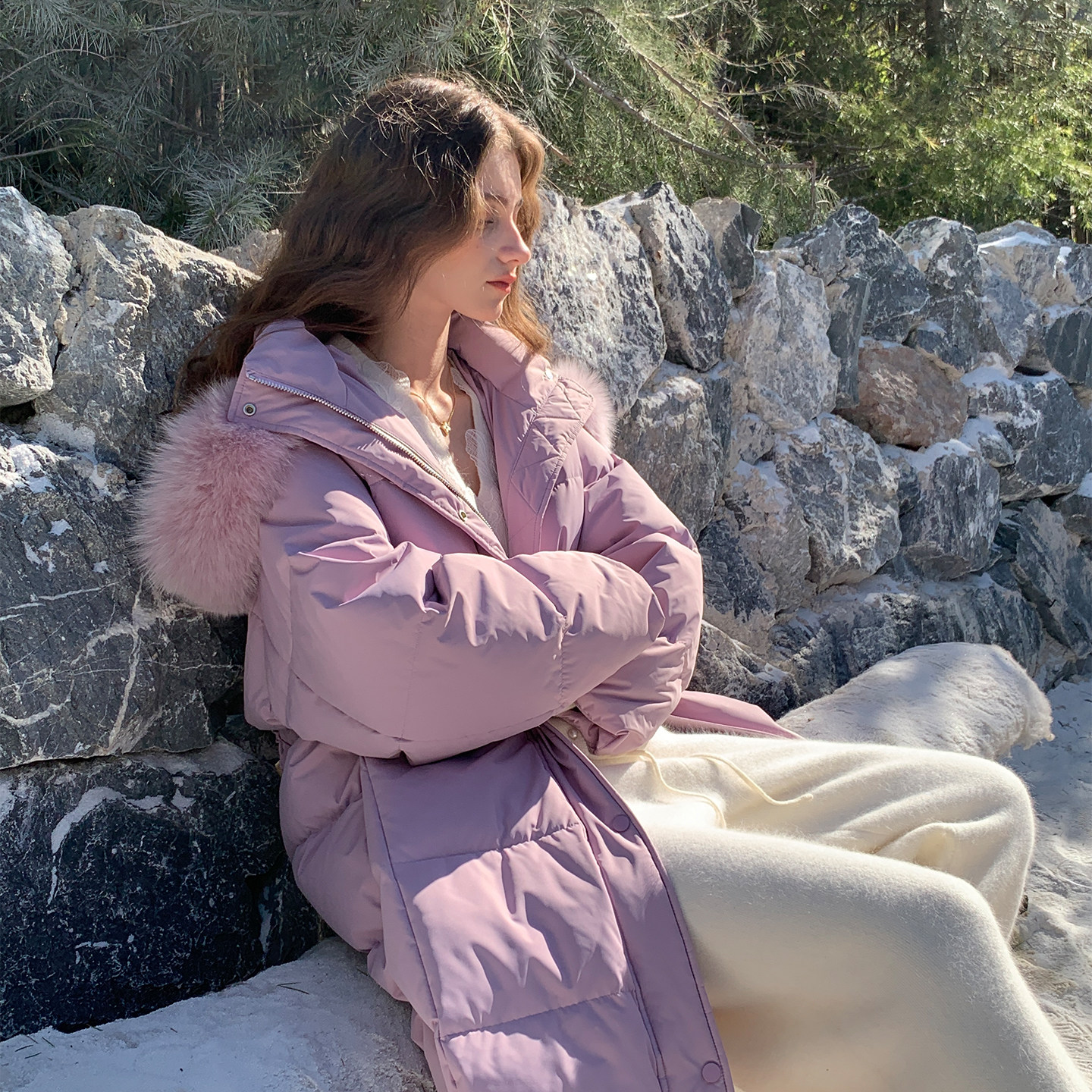 ZHUYIYI 12/8 0点上新 新款鹅绒粉色羽绒服女中长款设计感修身