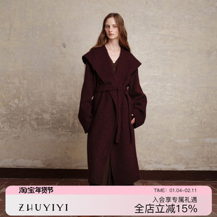 ZHUYIYI 新款小个子系带长款羊绒双面大衣外套女秋冬大翻领高级感