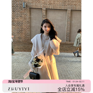 ZHUYIYI 白色双面羊绒大衣女2025冬大翻领中长款高端羊驼毛呢外套