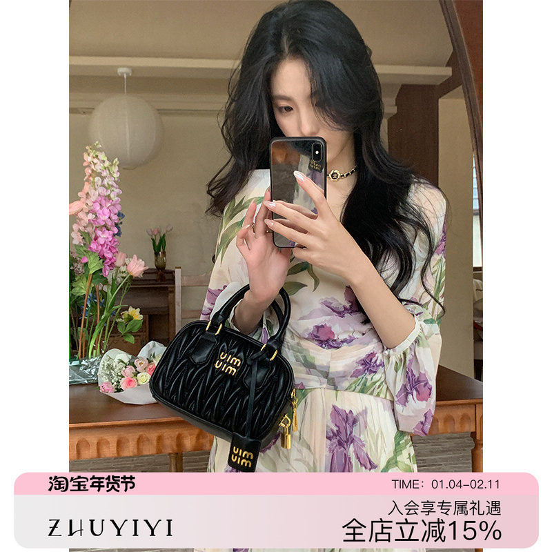 ZHUYIYI 方领紫色碎花连衣裙女春长袖收腰显瘦法式露背度假雪纺裙,女装/女士精品,连衣裙,淘宝优惠券,粉丝福利购,淘宝优惠卷