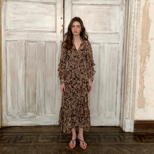 ZHUYIYI 早春新款法式不规则荷叶边长袖春季连衣裙收腰显瘦长裙