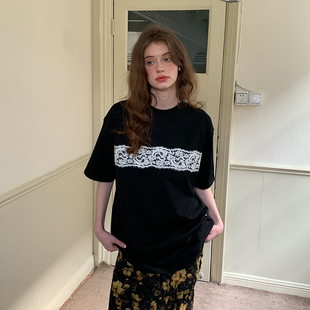 高级感时尚 蕾丝T恤女夏新款 百搭显瘦 黑色宽松短袖 ZHUYIYI