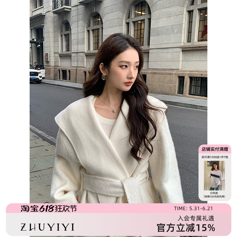 米白色连帽系带羊驼毛双面大衣女2025冬短款宽松毛呢外套