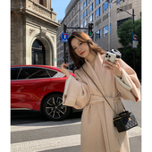 粉色双面羊绒大衣女冬手工中长款 ZHUYIYI 浴袍式 系带气质毛呢外套