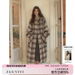 ZHUYIYI 新款灰色格子山羊绒拉绒大衣外套女秋冬