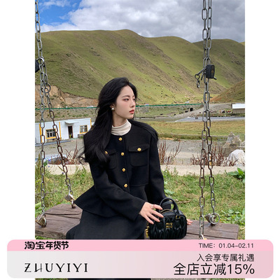 双面呢黑色羊毛大衣半身裙两件套