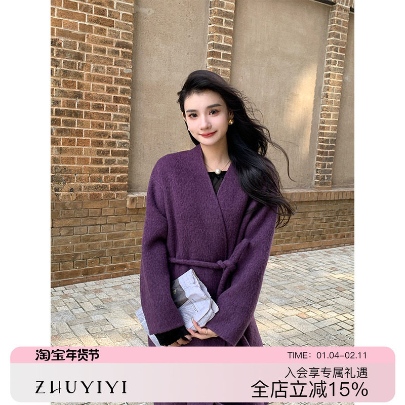 ZHUYIYI 紫色双面羊绒大衣女秋冬长款系带无领韩版高级感毛呢外套,女装/女士精品,毛呢外套,淘宝优惠券,粉丝福利购,淘宝优惠卷
