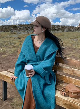 2025新款秋冬季双面大衣女冬中长款加厚蓝色连帽毛呢外套