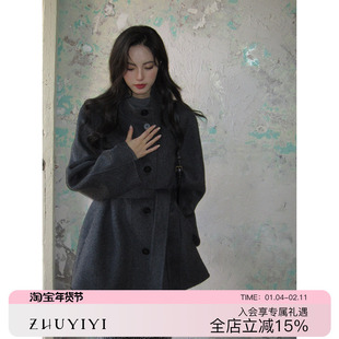 2025冬季新款气质复古立领灰黑色绵羊毛双面呢大衣女毛呢外套短款