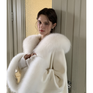 ZHUYIYI 温柔风白色狐狸毛领斗篷双面羊绒大衣女 新款