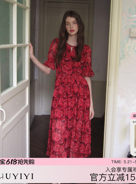 ZHUYIYI 红色印花红色连衣裙女夏长款圆领收腰显瘦新款原创设计感