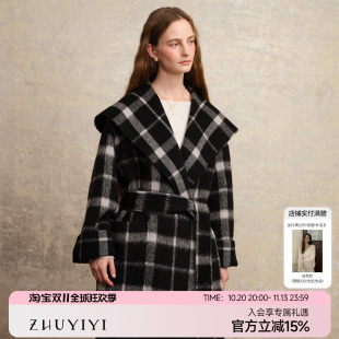 ZHUYIYI 新款黑白格子羊驼毛双面羊绒大衣女秋冬高级感外套大翻领