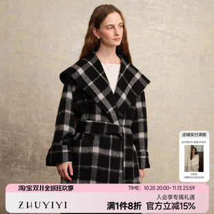 ZHUYIYI 新款黑白格子羊驼毛双面羊绒大衣女秋冬高级感外套大翻领