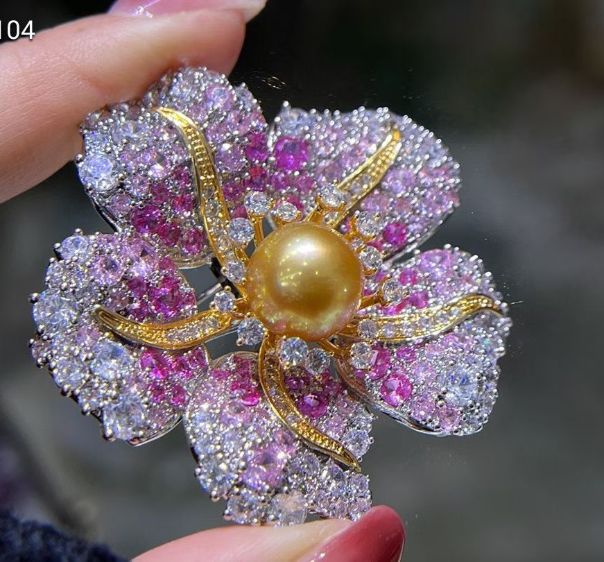 10-11mm南洋金珠胸针豪镶粉色花朵款胸针成品及diy配件