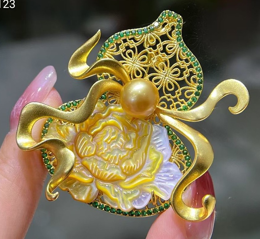 葫芦胸针东方福韵雕琢现代奢华南洋金珠9-10mm胸针成品及diy配件