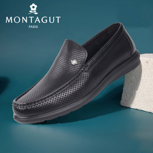 梦特娇男鞋2023新款商务休闲皮鞋男夏季透气镂空软底男士真皮凉鞋