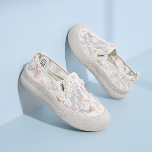 一脚蹬厚底懒人舒适单鞋 Tt&Mm 2026夏季 蕾丝花朵帆布鞋 汤姆斯女鞋