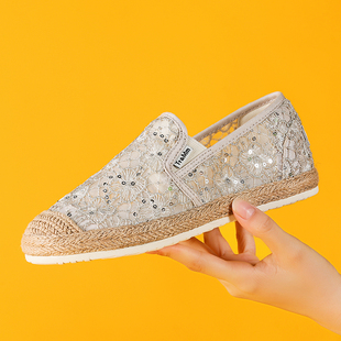 草编亮片一脚蹬懒人鞋 Tt&Mm 夏季 蕾丝镂空渔夫鞋 小香风 汤姆斯女鞋