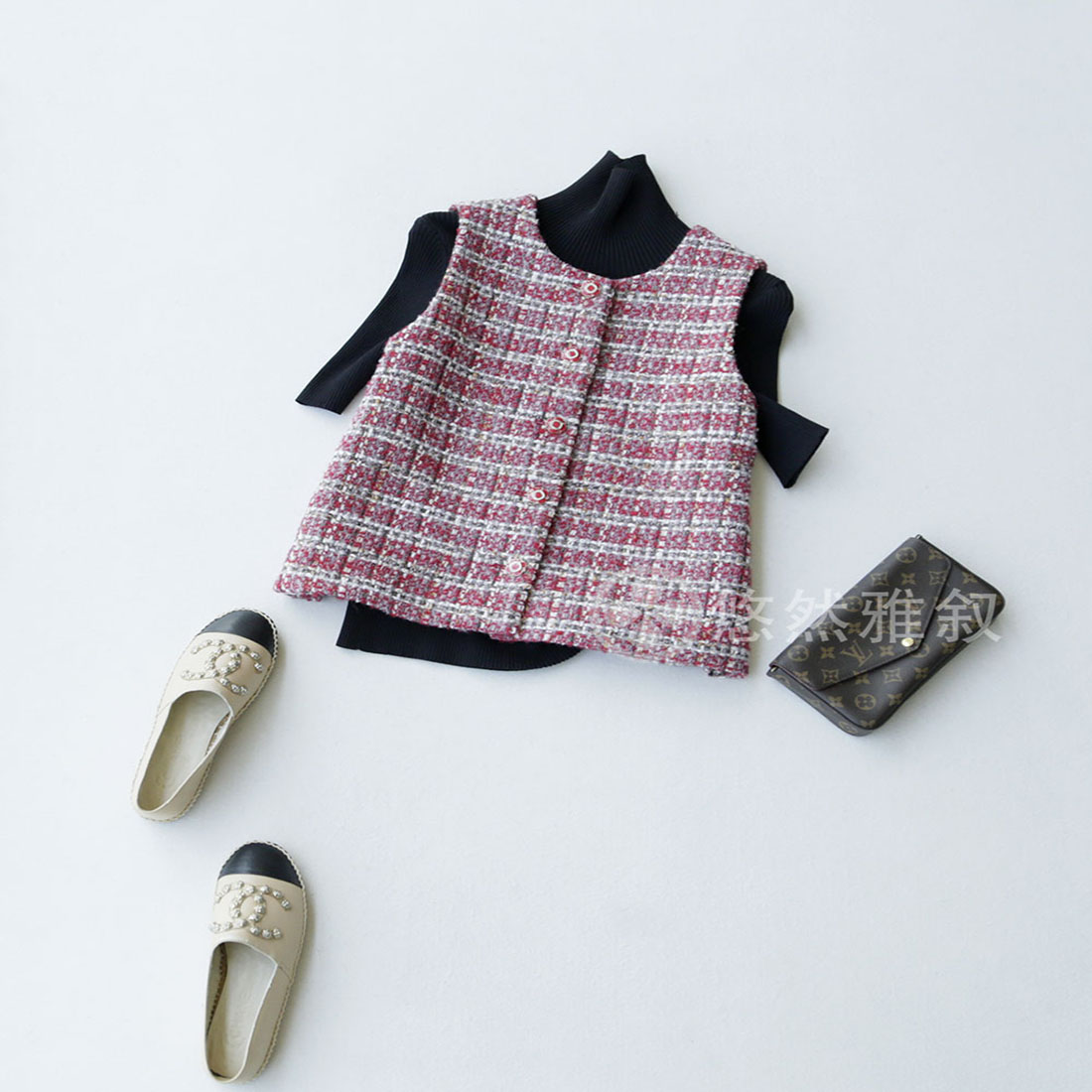 高级两色 复古格纹 精致甜美花朵扣 香香风 混搭单品粗花呢马甲