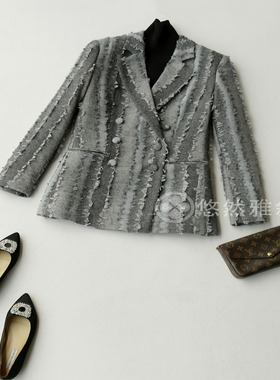 原880现398 复古双排扣流苏撞色 过臀中长款时髦休闲羊毛混纺西装