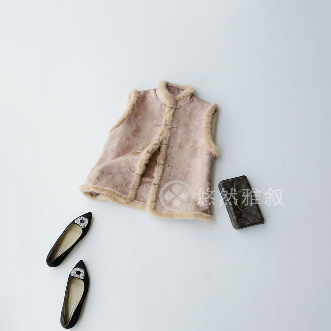 夹棉+水貂毛边 超美国风 复古韵味印花 羊毛真丝混纺新中式马甲