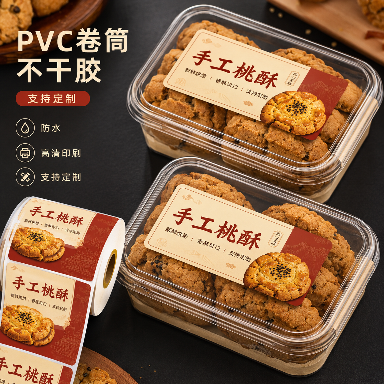烘焙桃酥点心包装盒PVC卷筒不干胶防水中式糕点标签贴纸定制印刷