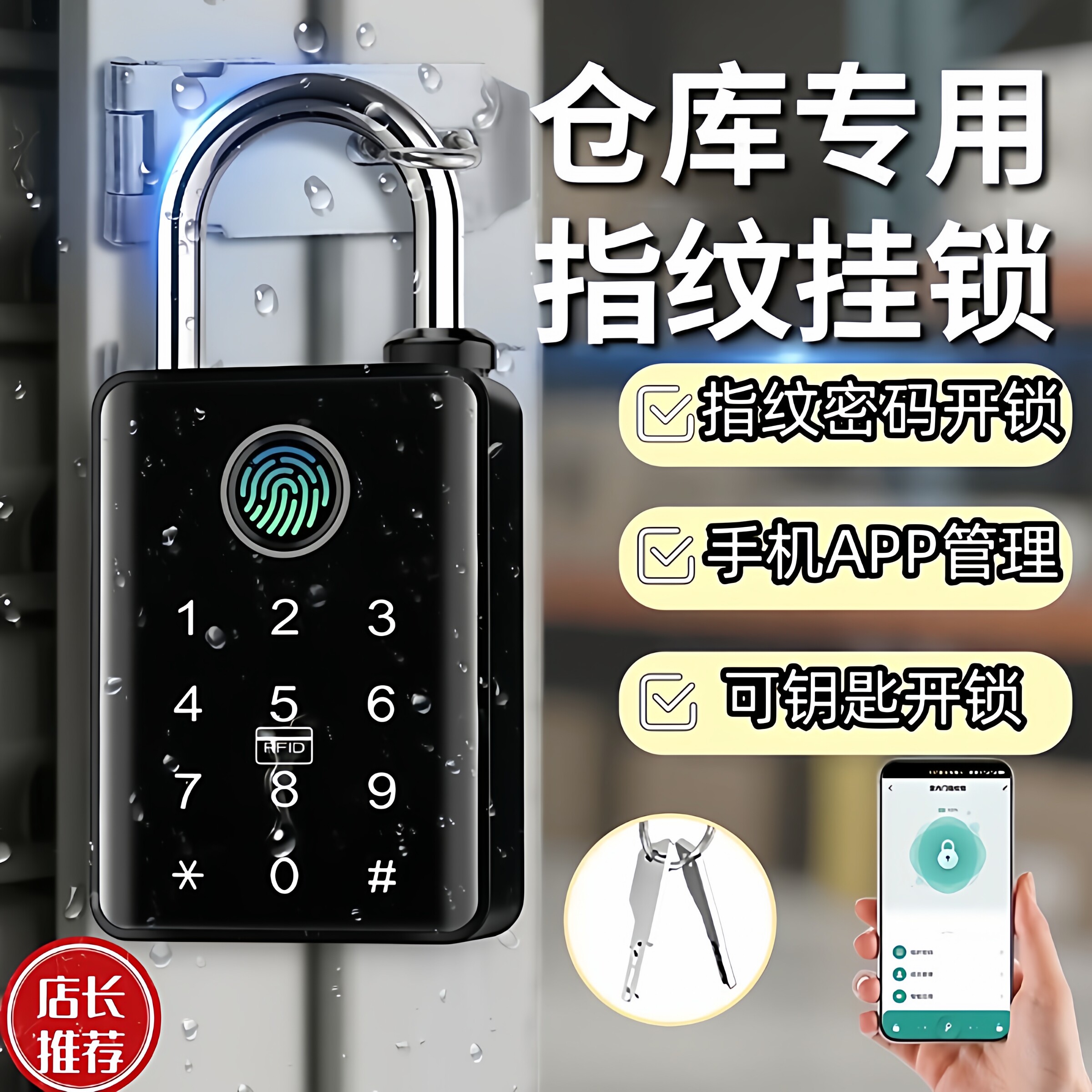 指纹密码挂锁户外防水防锈智能挂锁家用柜子大门防盗指纹锁带钥匙