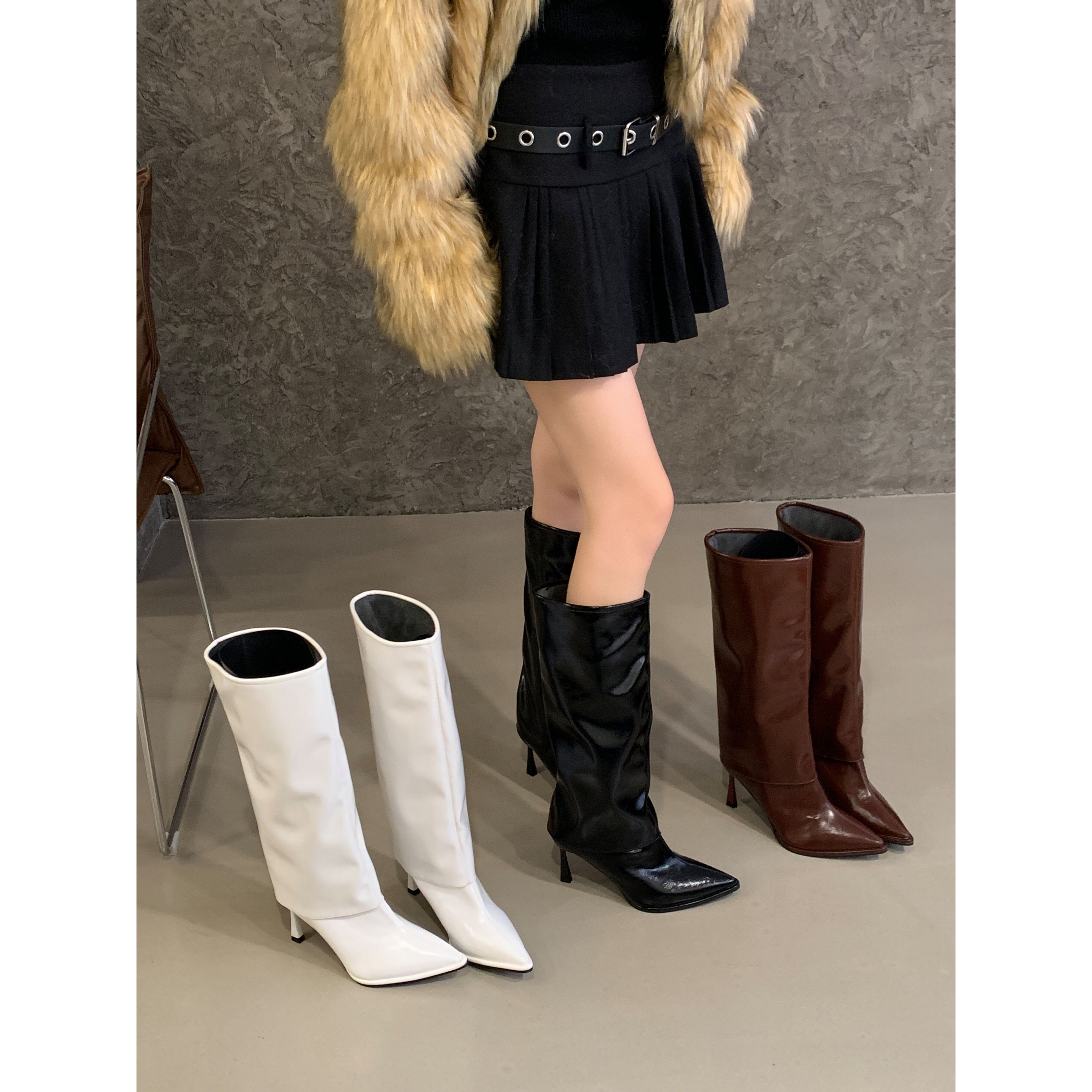 牛皮版2025年秋季新款复古小个子尖头绑带韩版瘦瘦细高跟高筒靴女