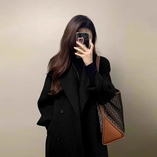 黑色双面羊毛呢大衣女秋冬高级感2024新款小个子毛呢外套羽绒内胆