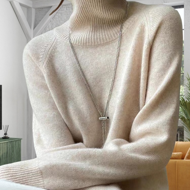 鄂尔多斯市产100%纯羊绒衫女高领针织宽松毛衣纯色套头打底衫秋冬