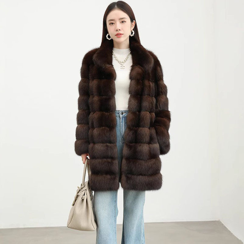 保暖紫貂立领中长款皮毛一体女装