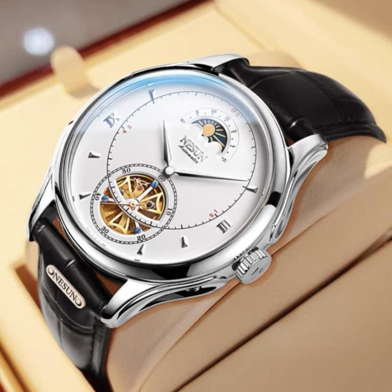 新款NESUN尼尚全自动机械手表夜光时尚防水简约镂空飞轮皮带男表9
