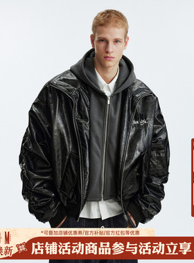 MEDM 假两件宽松连帽拉链皮夹克棉服美式男女保暖休闲棉衣外套冬