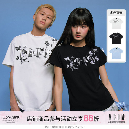 MEDM立体蕾丝蝴蝶短袖T恤男女同款情侣装夏季潮牌美式休闲体恤tee
