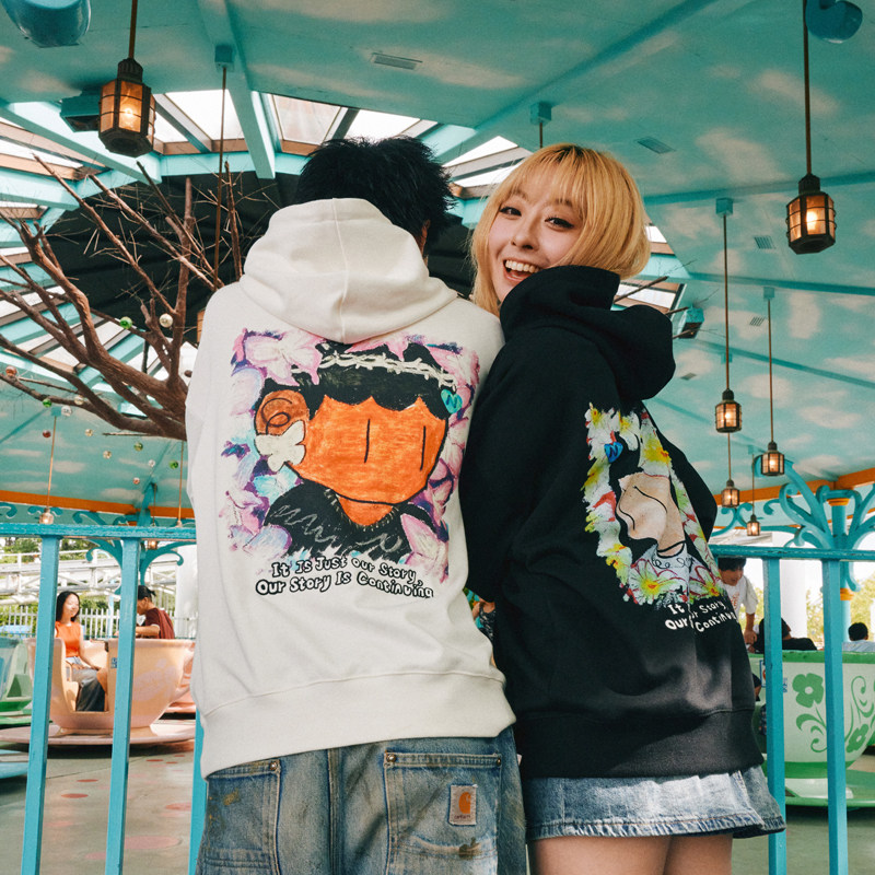 MEDMxNewmasus蝴蝶和花连帽卫衣男女浪漫情侣装宽松休闲上衣外套