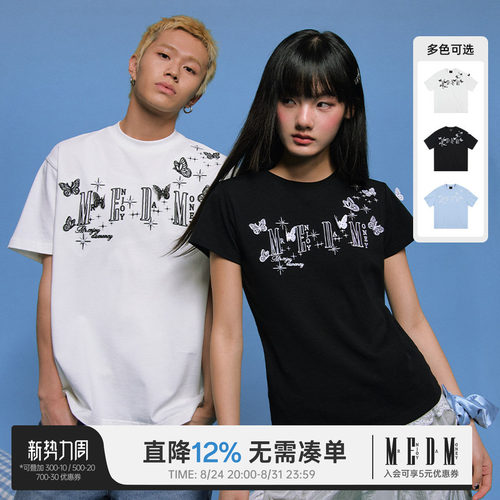 MEDM立体蕾丝蝴蝶短袖T恤男女同款情侣装夏季潮牌美式休闲体恤tee